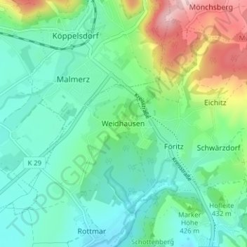 Topografische kaart Weidhausen, hoogte, reliëf