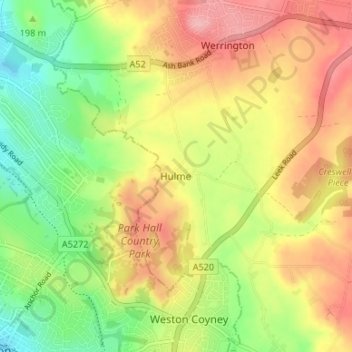 Topografische kaart Hulme, hoogte, reliëf