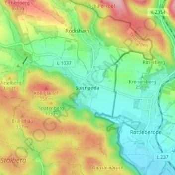 Topografische kaart Stempeda, hoogte, reliëf