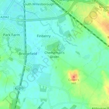 Topografische kaart Cheeseman's Green, hoogte, reliëf