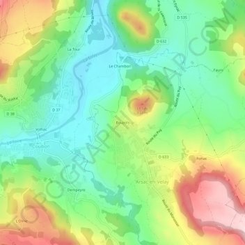 Topografische kaart Bouzols, hoogte, reliëf