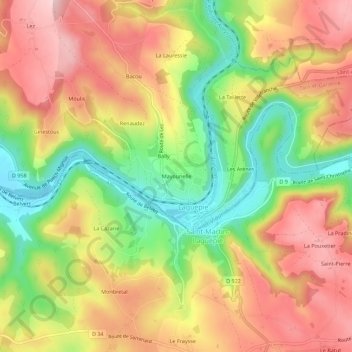 Topografische kaart Mayounelle, hoogte, reliëf