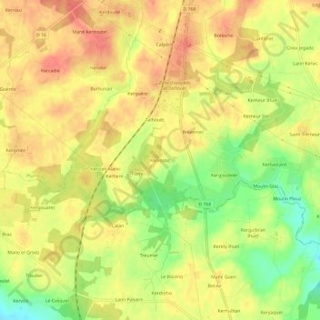 Topografische kaart Kervossic, hoogte, reliëf