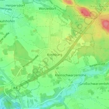 Topografische kaart Kornburg, hoogte, reliëf
