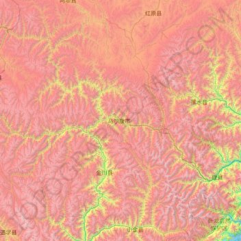 Topografische kaart 阿坝州, hoogte, reliëf