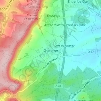 Topografische kaart Œutrange, hoogte, reliëf