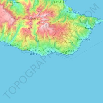 Topografische kaart Funchal, hoogte, reliëf
