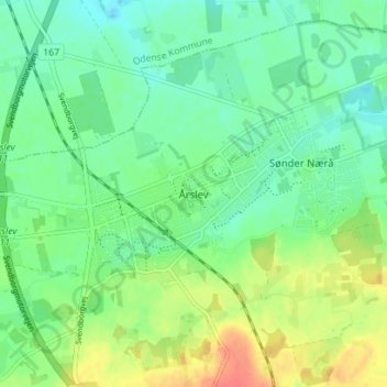 Topografische kaart Årslev, hoogte, reliëf