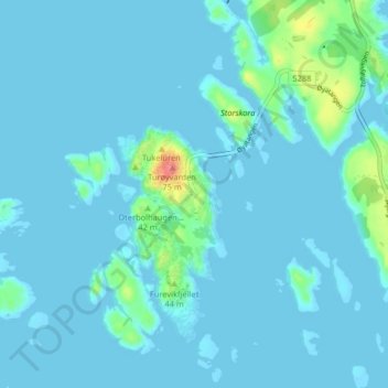 Topografische kaart Turøyna, hoogte, reliëf