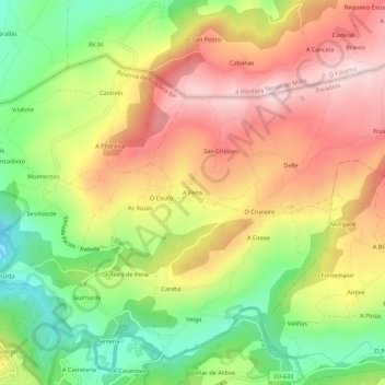 Topografische kaart A Pena, hoogte, reliëf