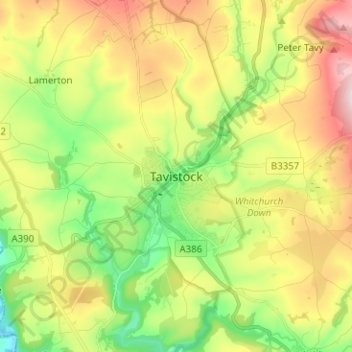 Topografische kaart Tavistock, hoogte, reliëf