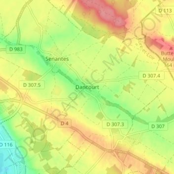 Topografische kaart Dancourt, hoogte, reliëf