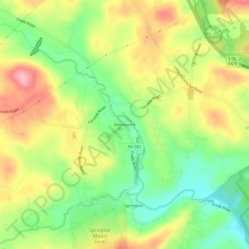 Topografische kaart Glenmoore, hoogte, reliëf