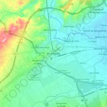 Topografische kaart Alcantarilla, hoogte, reliëf