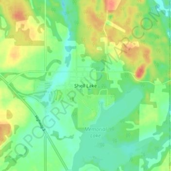 Topografische kaart Shell Lake, hoogte, reliëf