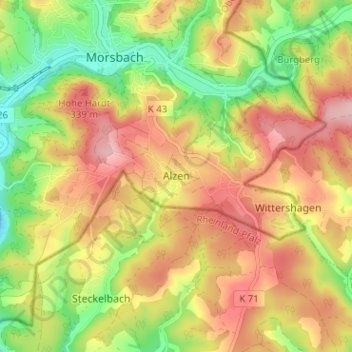 Topografische kaart Alzen, hoogte, reliëf