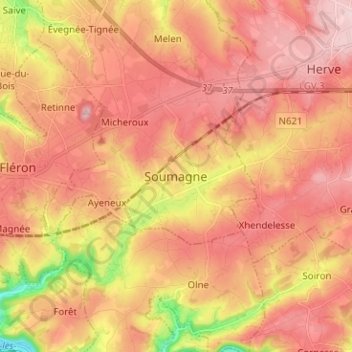 Topografische kaart Soumagne, hoogte, reliëf