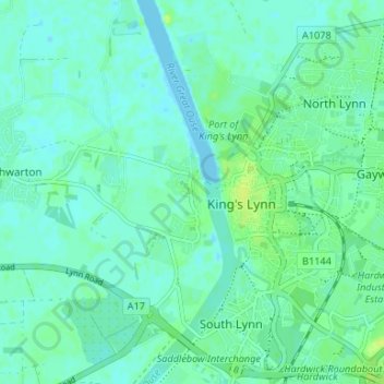 Topografische kaart West Lynn, hoogte, reliëf