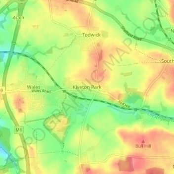 Topografische kaart Kiveton Park, hoogte, reliëf