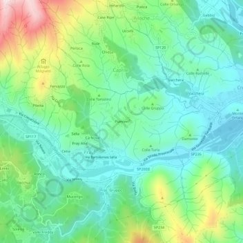 Topografische kaart Pianceri, hoogte, reliëf