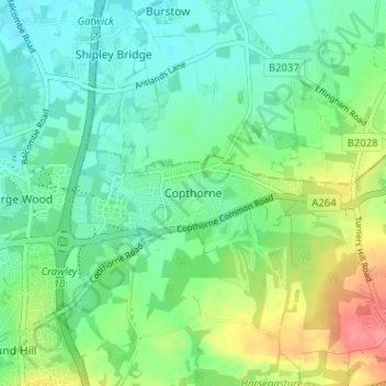 Topografische kaart Copthorne, hoogte, reliëf