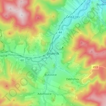 Topografische kaart Jeseník, hoogte, reliëf