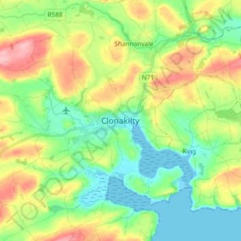 Topografische kaart Clonakilty, hoogte, reliëf