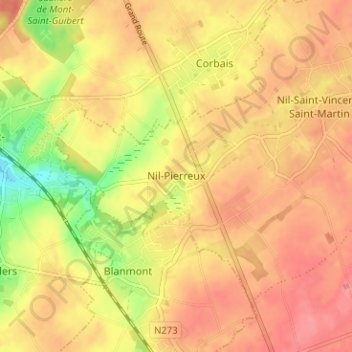 Topografische kaart Nil-Pierreux, hoogte, reliëf