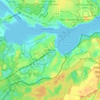 Topografische kaart Schlutup, hoogte, reliëf
