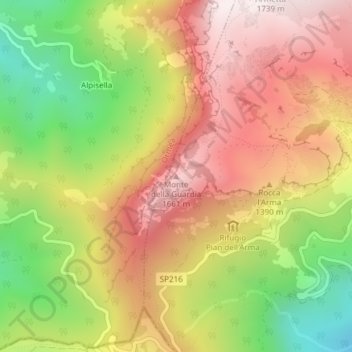 Topografische kaart Monte della Guardia, hoogte, reliëf