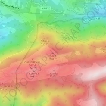 Topografische kaart Akan, hoogte, reliëf