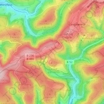Topografische kaart Hoheleye, hoogte, reliëf
