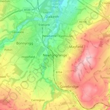 Topografische kaart Newtongrange, hoogte, reliëf