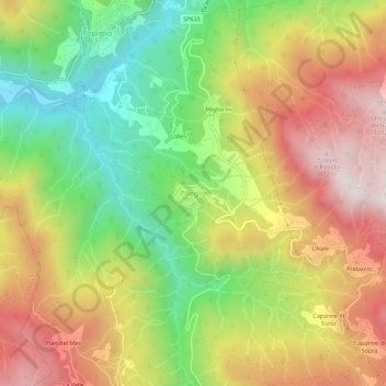 Topografische kaart Piteglio, hoogte, reliëf