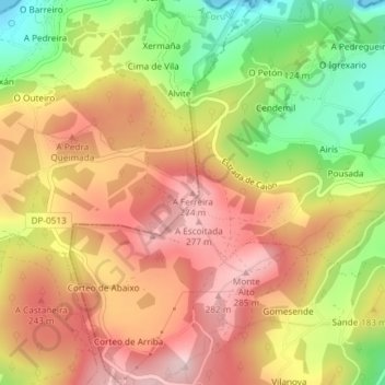 Topografische kaart A Ferreira, hoogte, reliëf