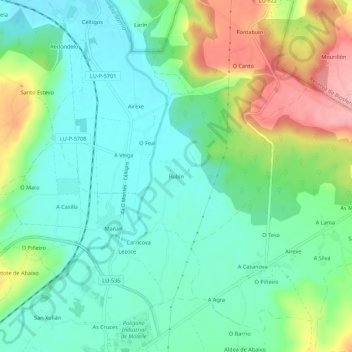 Topografische kaart Rubín, hoogte, reliëf