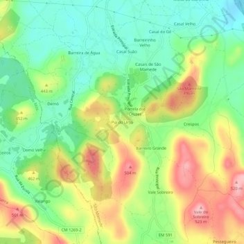 Topografische kaart Pia do Urso, hoogte, reliëf