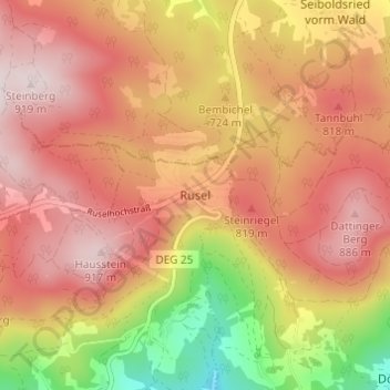 Topografische kaart Rusel, hoogte, reliëf