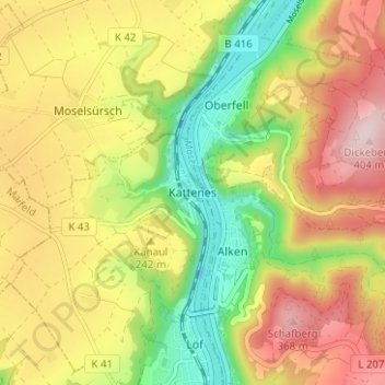 Topografische kaart Kattenes, hoogte, reliëf