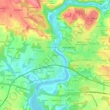 Topografische kaart Le Guiriel, hoogte, reliëf