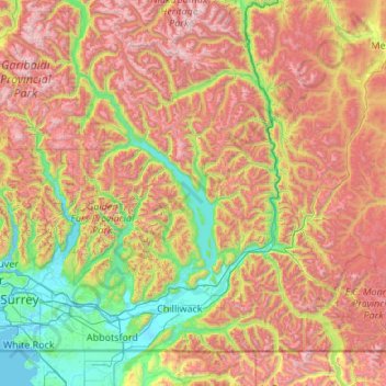 Topografische kaart Fraser Valley, hoogte, reliëf