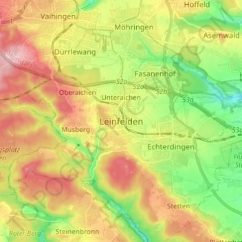 Topografische kaart Leinfelden, hoogte, reliëf