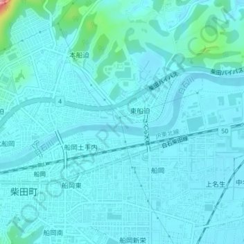 Topografische kaart 白石川堤一目千本桜 桜のトンネル, hoogte, reliëf