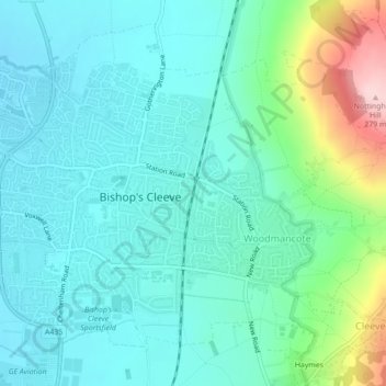 Topografische kaart Bishops Cleeve, hoogte, reliëf