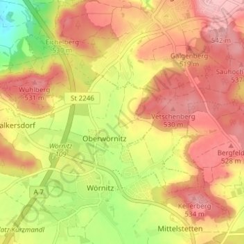 Topografische kaart Riedenberg, hoogte, reliëf