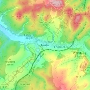 Topografische kaart Förtha, hoogte, reliëf