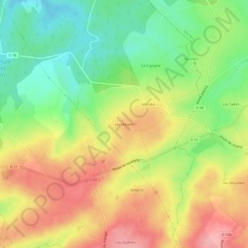 Topografische kaart Les Noyers, hoogte, reliëf