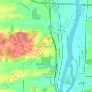 Topografische kaart New Columbia, hoogte, reliëf