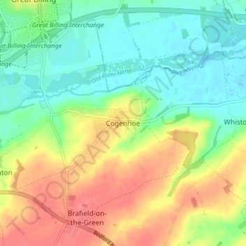 Topografische kaart Cogenhoe, hoogte, reliëf