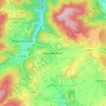 Topografische kaart Kammerbach, hoogte, reliëf